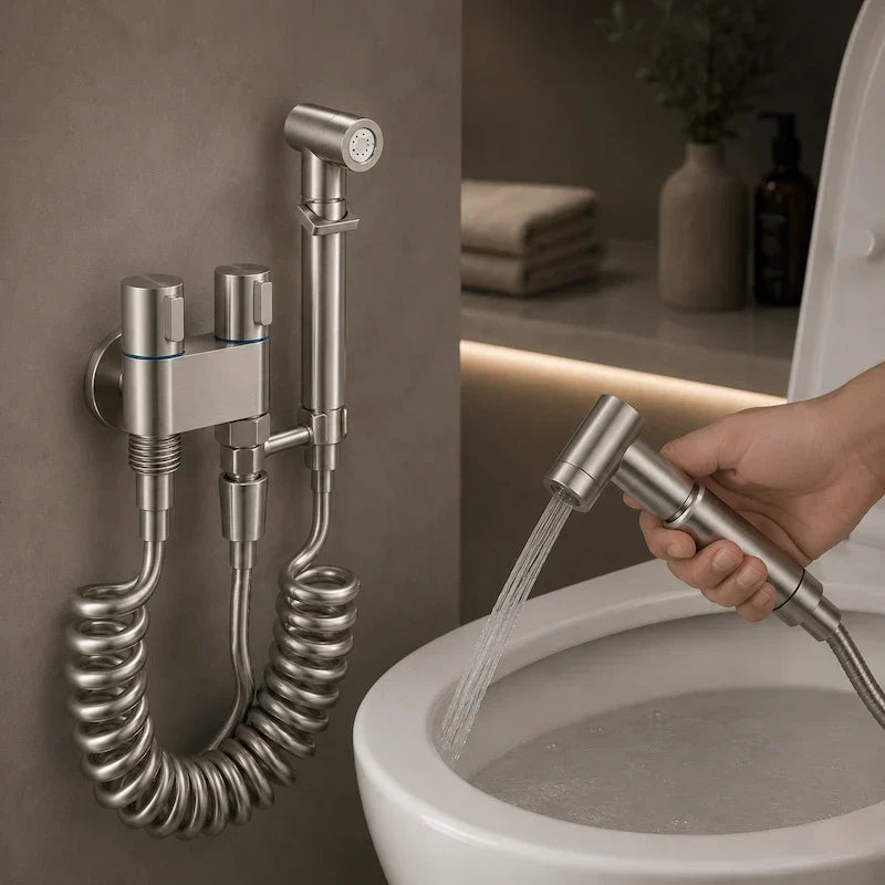 mão usando a ducha higiênica no vaso sanitário