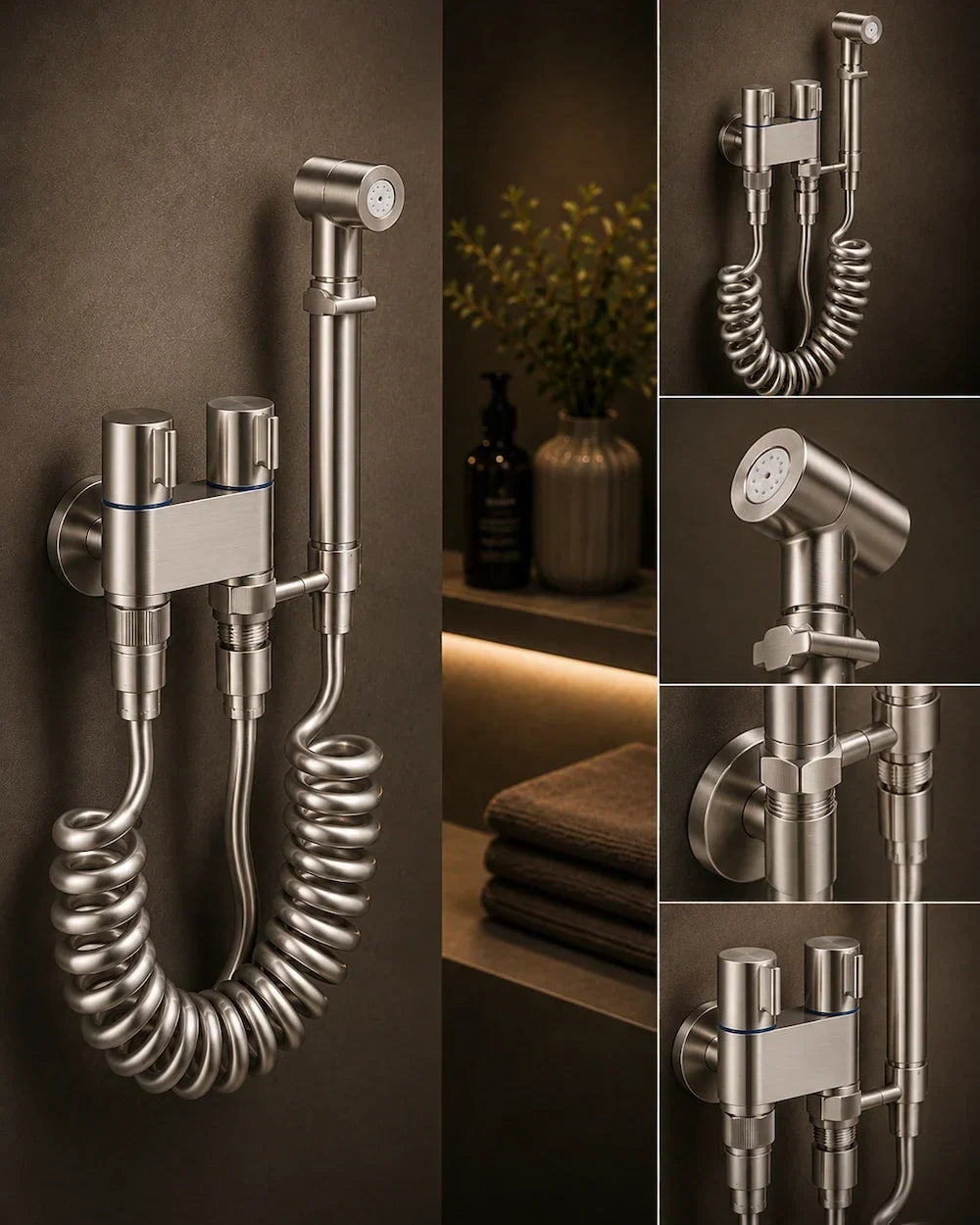 ducha higiênica inox com detalhes do bocal e dos registros