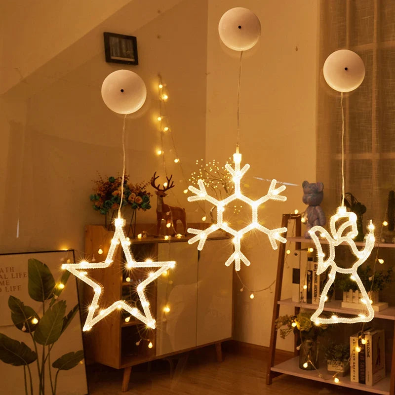 enfeites de janela iluminados estrela floco de neve e anjo