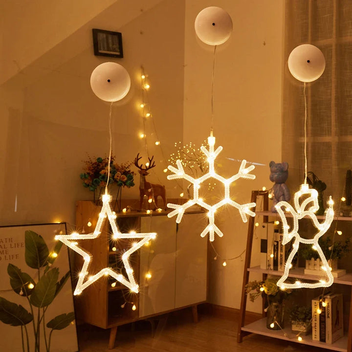 enfeites de janela iluminados estrela floco de neve e anjo