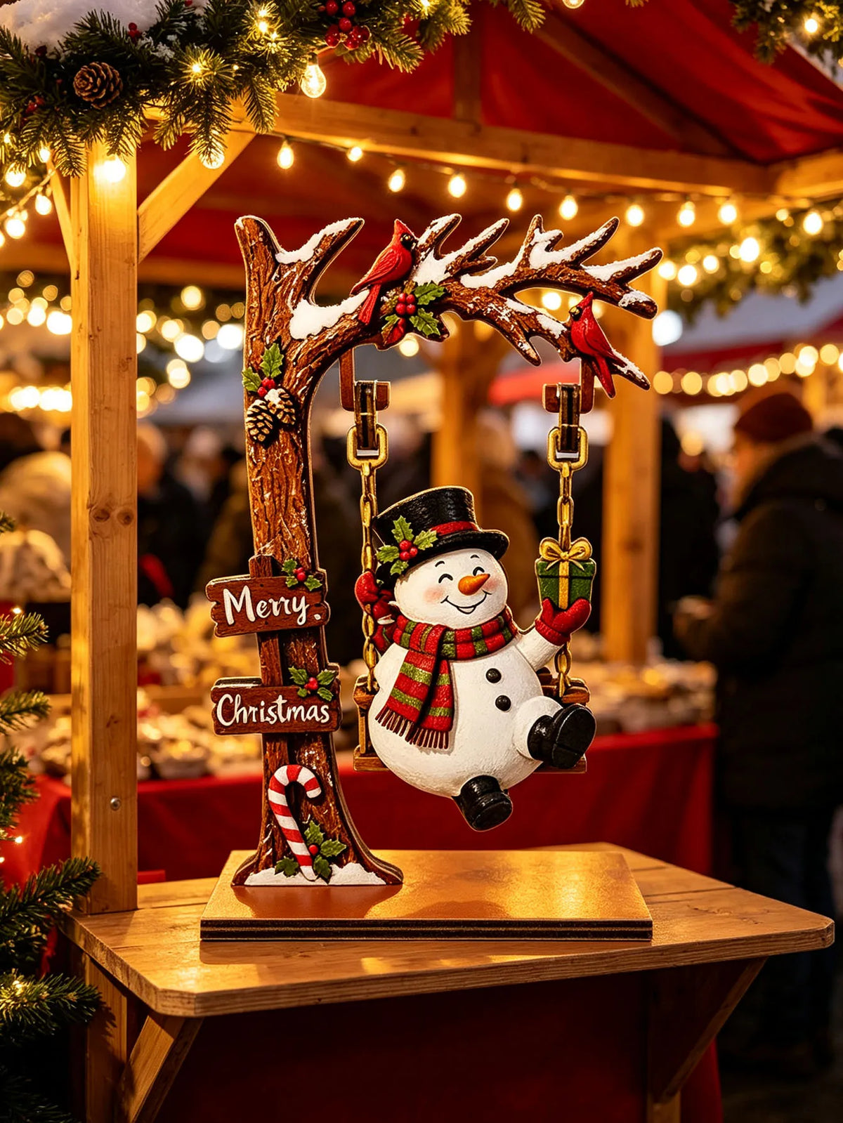 enfeite de madeira boneco de neve no balanço em feira de natal