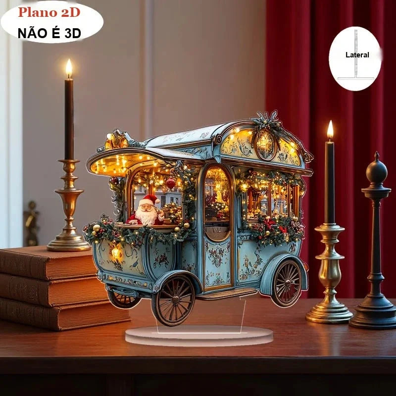 enfeite de mesa de natal em acrílico carruagem do papai noel sobre livros