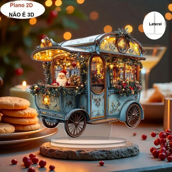 carruagem do papai noel em acrílico na mesa com biscoitos e frutinhas