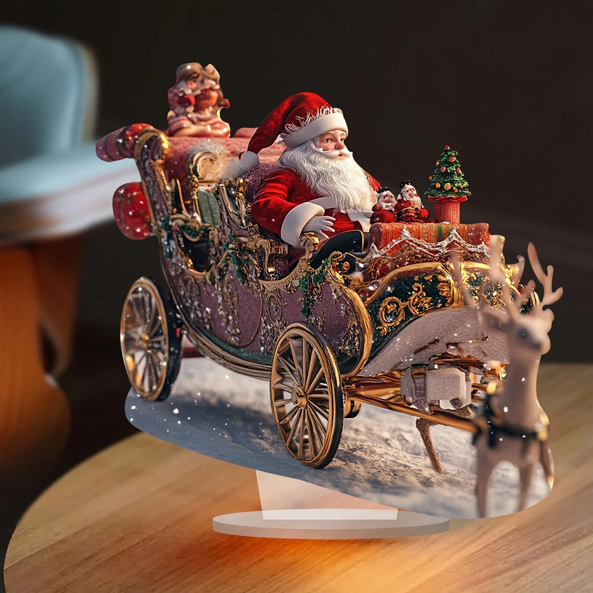 papai noel na carruagem com presentes sobre mesa de madeira