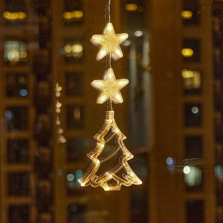 enfeite de janela árvore de natal com duas estrelas em luz led branco quente