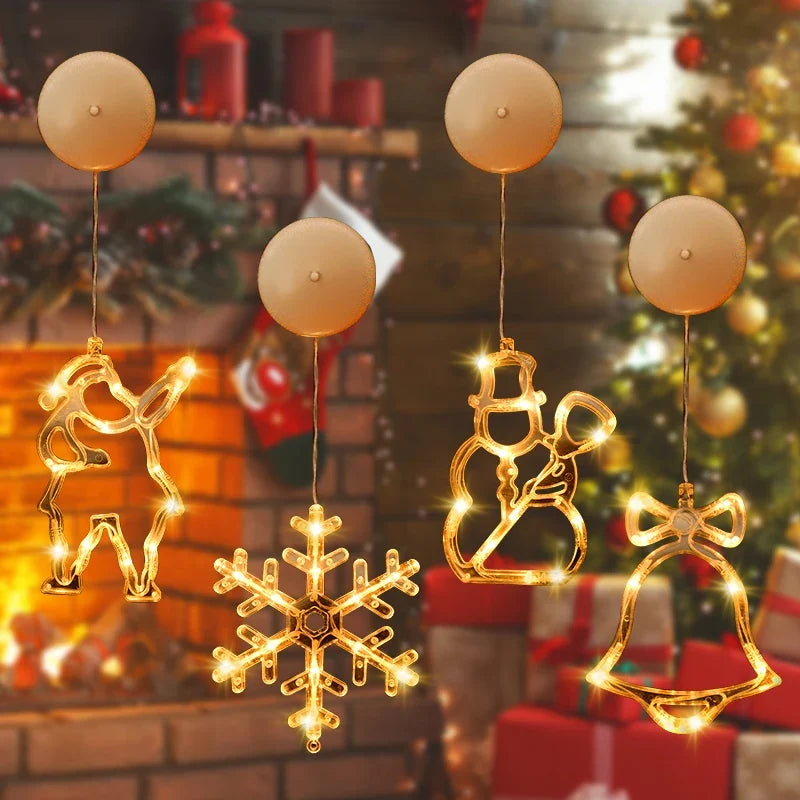 enfeites de natal iluminados com ventosa rena, floco de neve, boneco de neve e sino