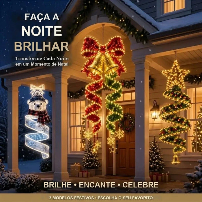 enfeites de natal suspensos em espiral com led na varanda