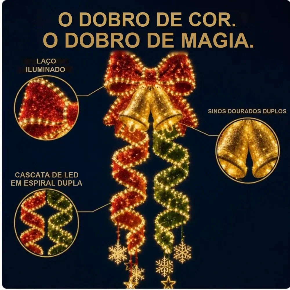 enfeite de natal com laço vermelho e sinos dourados em espiral de led