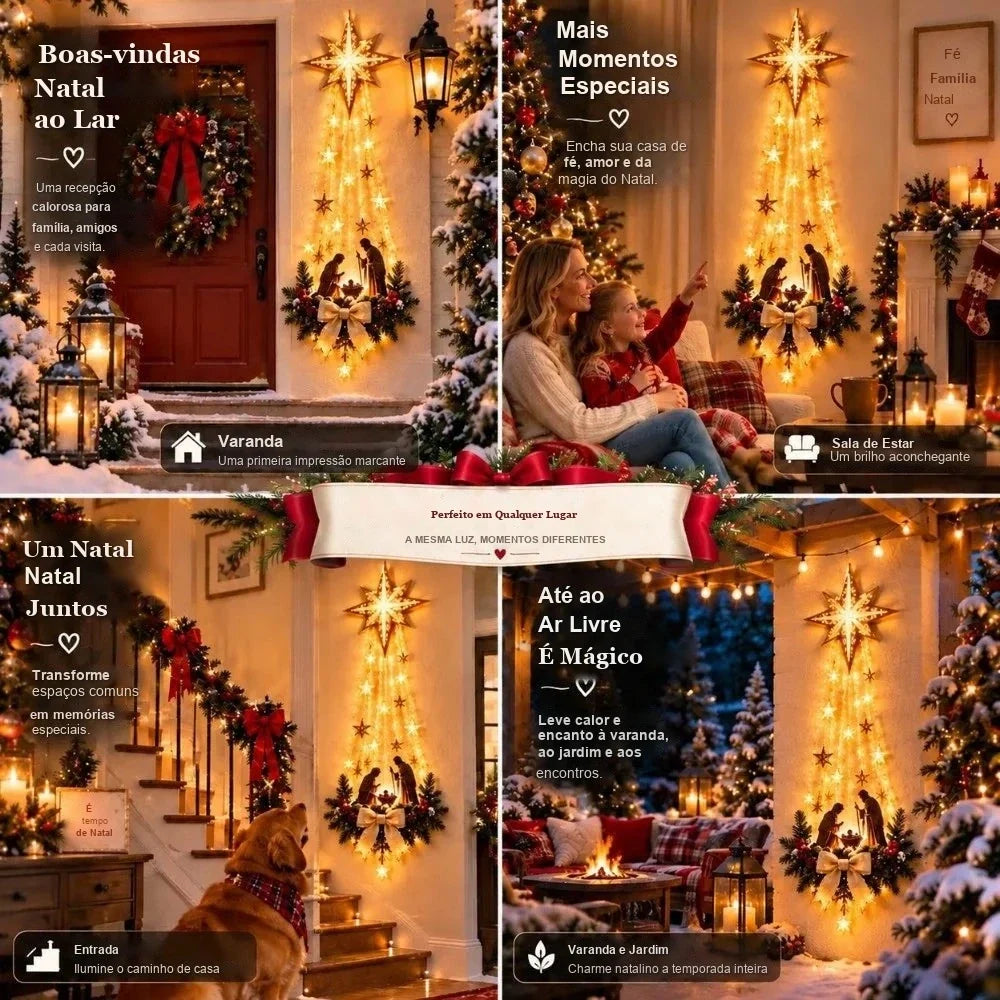 enfeite de parede iluminado de natal na varanda sala escada e jardim