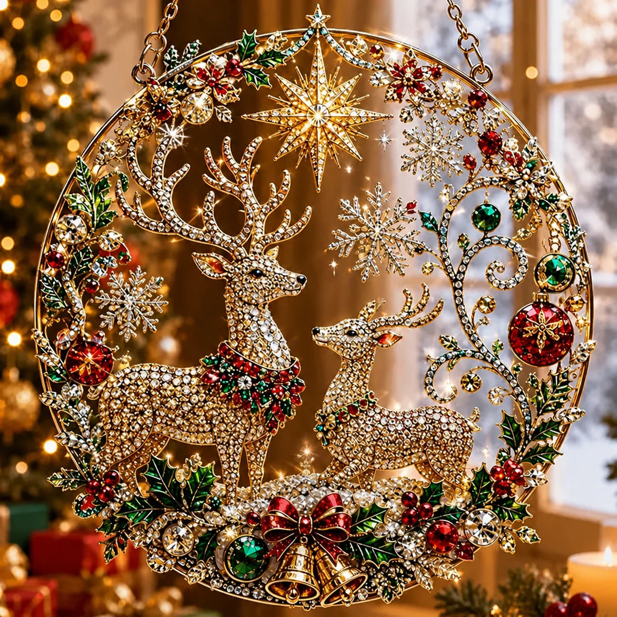 enfeite redondo de acrílico de natal com renas e estrela dourada na janela