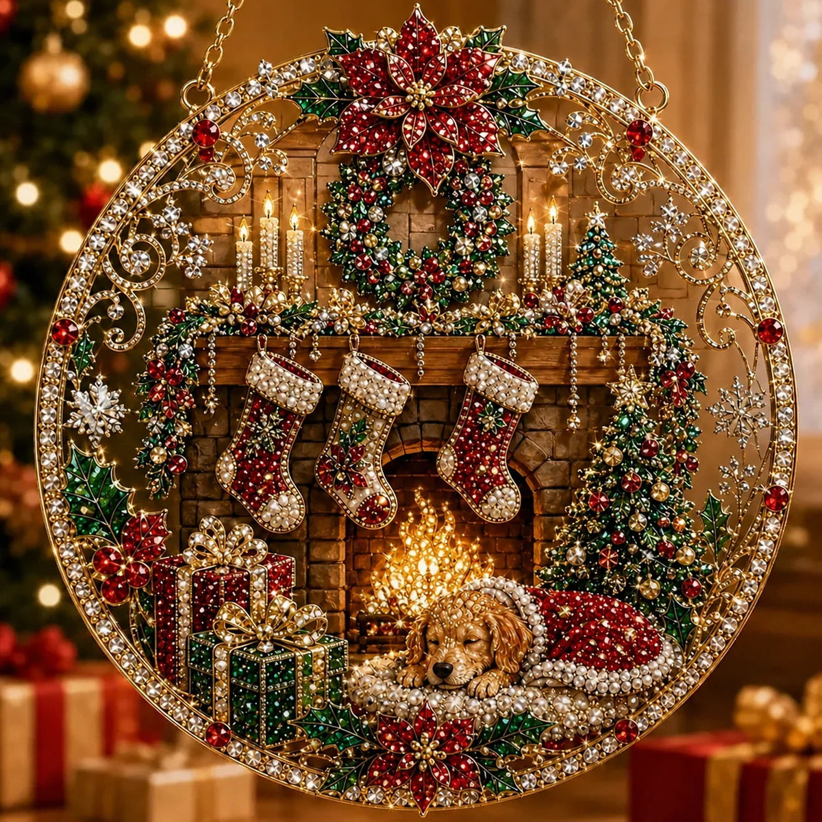 enfeite de natal de acrílico com lareira, meias e cachorrinho dormindo
