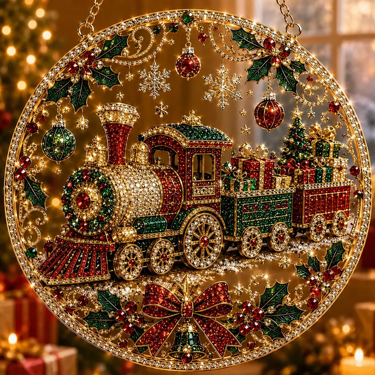 enfeite de natal de acrílico com trem de presentes e laço vermelho