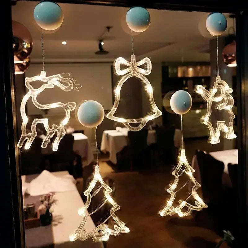 enfeites de janela de natal com led e ventosa rena sino e arvore acesos