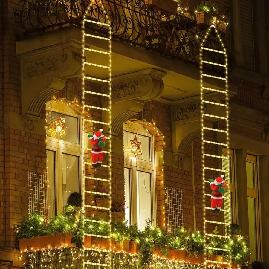 Escada de Luz Branco Quente com Papai Noel Escalando