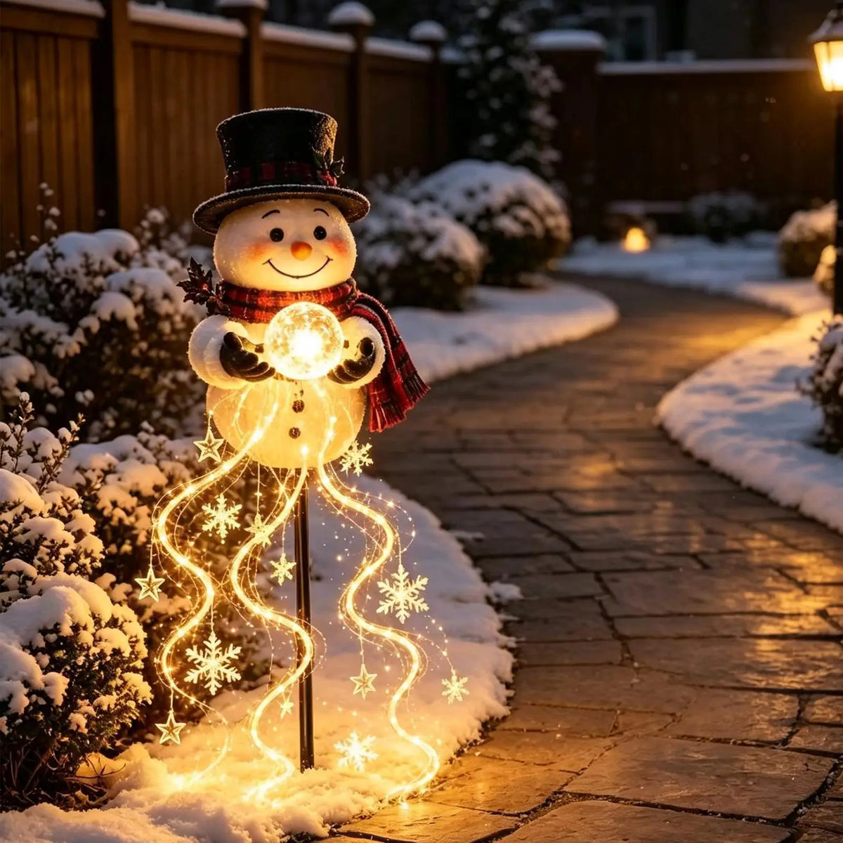 boneco de neve iluminado com cascata de luz em caminho com neve