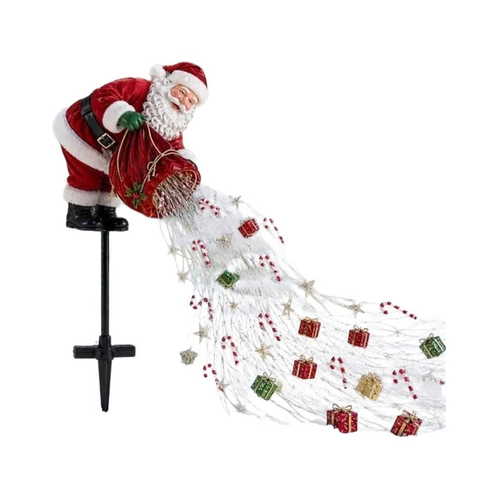 papai noel de jardim com estaca e cascata de bengalas e presentes