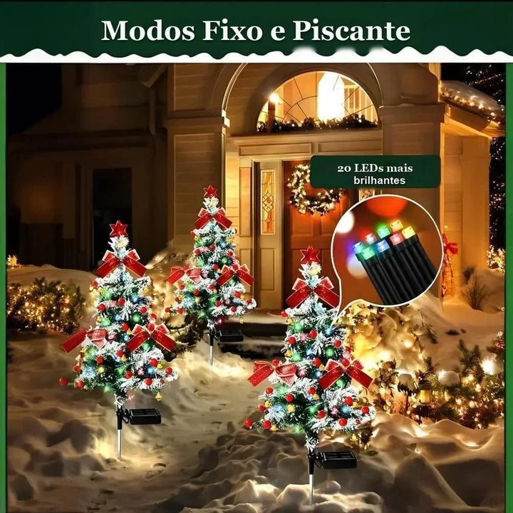 estacas solares árvore de natal iluminando o caminho do jardim