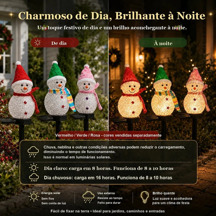 boneco de neve solar de dia e aceso à noite no jardim
