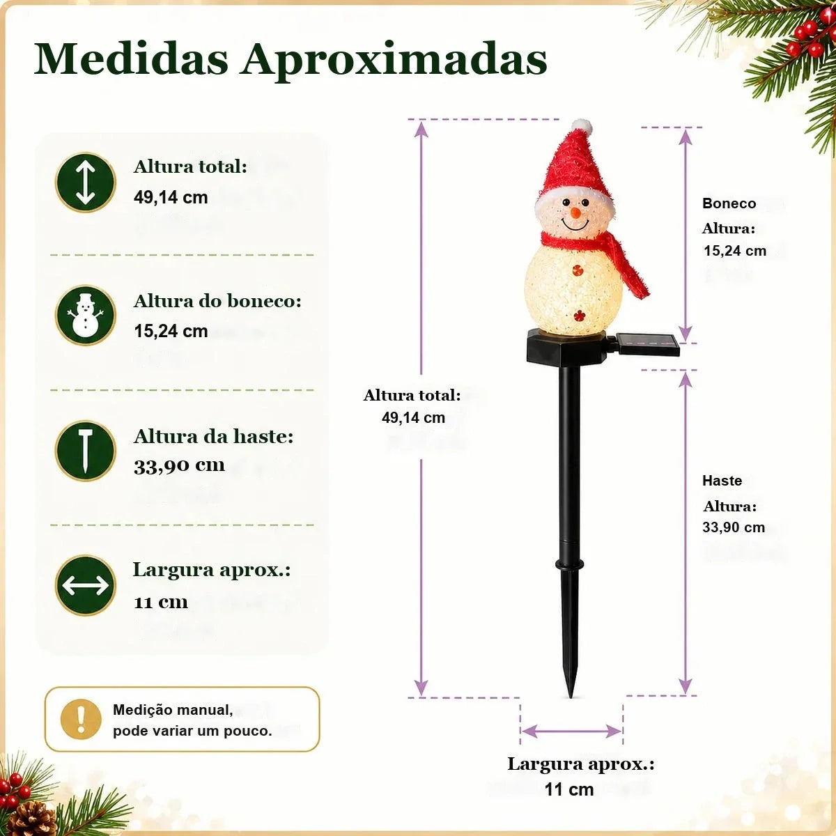 medidas da estaca solar boneco de neve 49 cm de altura