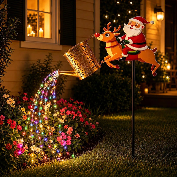 Estaca Solar Regador Papai Noel e Rena com Cascata LED