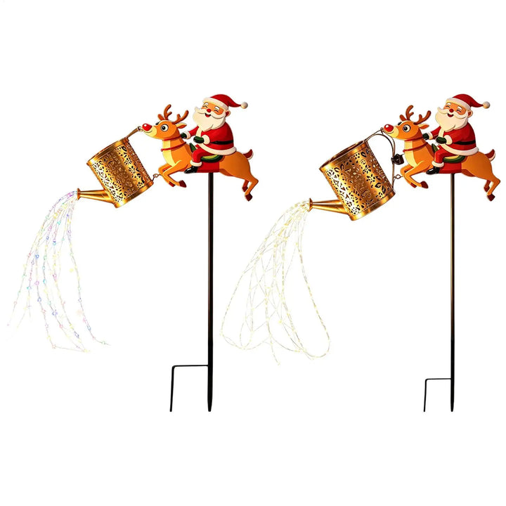 estacas solares regador papai noel e rena luz colorida e branca