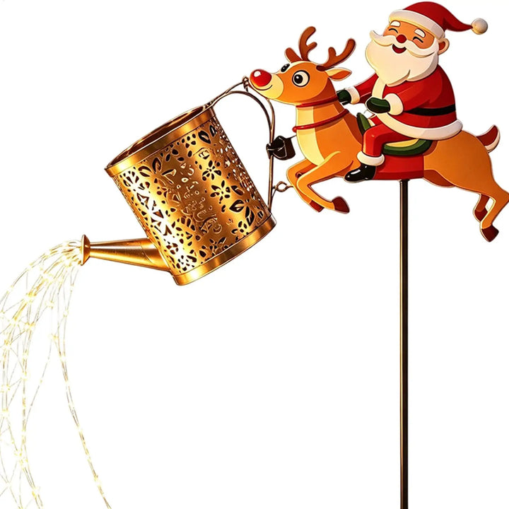 detalhe do regador dourado vazado com papai noel e rena