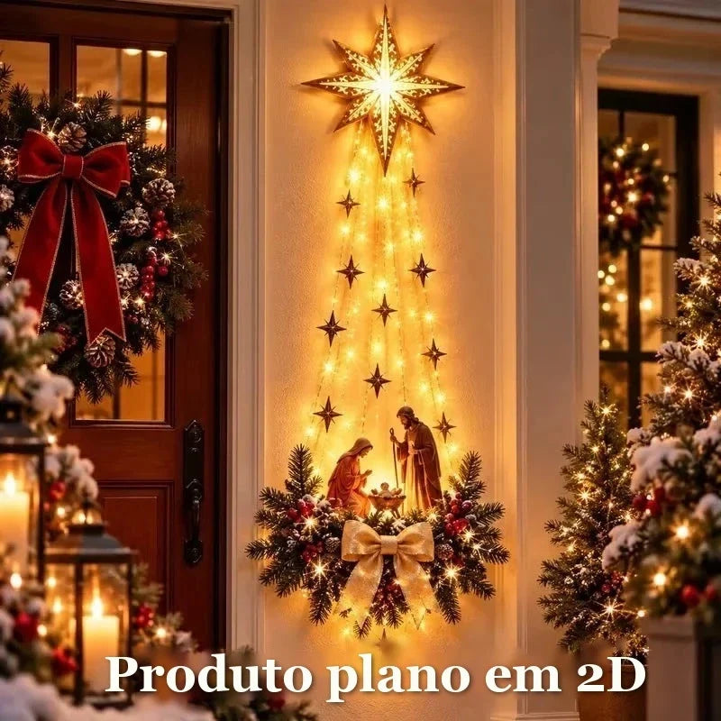 enfeite de natal plano estrela de belém com luzes quentes na entrada