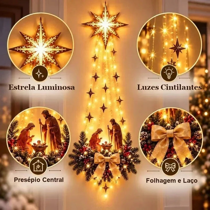 detalhes da estrela de belém, luzes, presépio e laço dourado