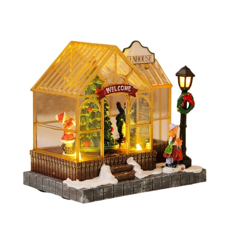 estufa de natal iluminada com pinheiro papai noel e poste de luz