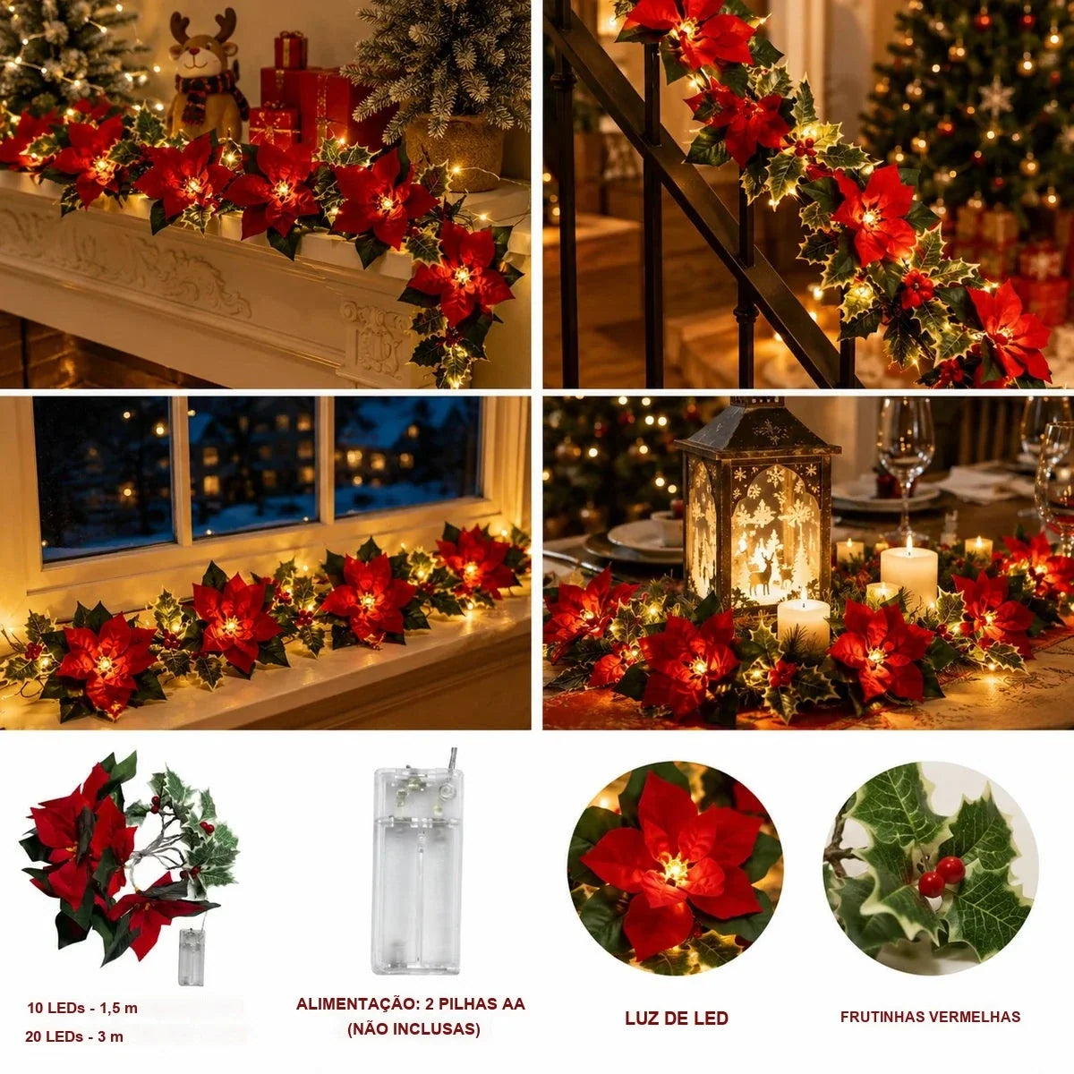 festão de natal com flores vermelhas na lareira janela e mesa