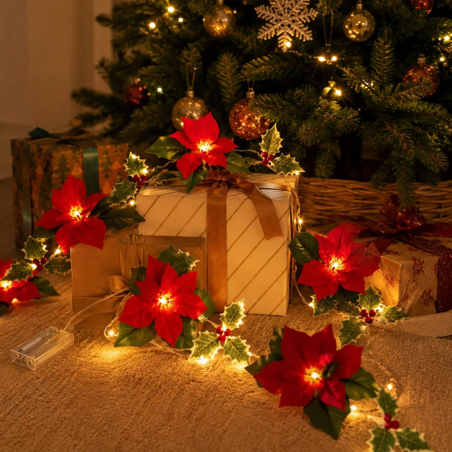 Festão de Natal Iluminado com Bico-de-Papagaio e Azevinho