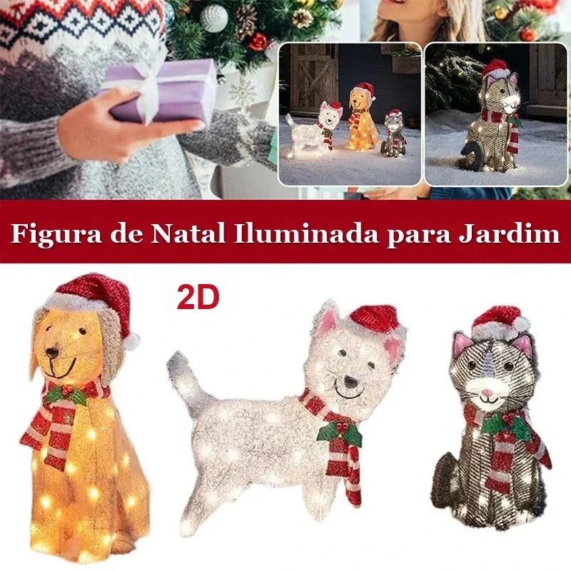 figura de natal iluminada para jardim com cachorro e gatos de gorro