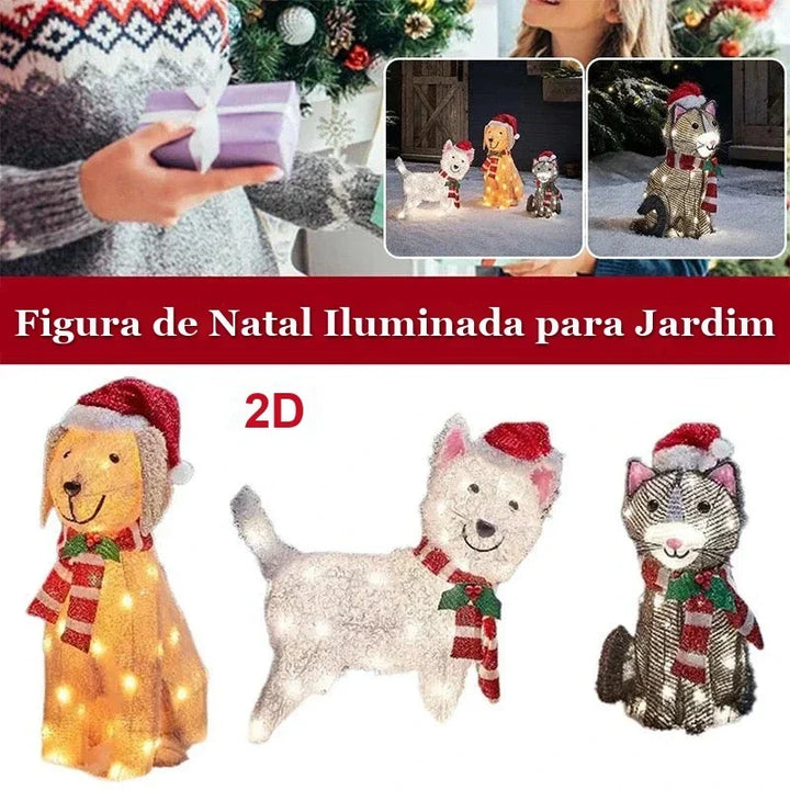 figura de natal iluminada para jardim com cachorro e gatos de gorro