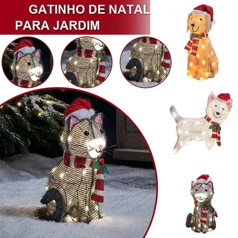 gatinho cinza iluminado de natal para jardim