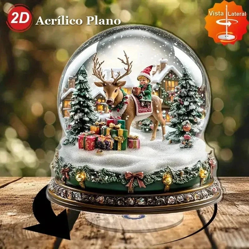 globo de neve de natal em acrílico com rena e duende sobre mesa de madeira