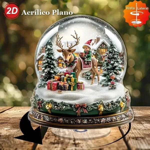 Globo de Neve de Natal em Acrílico com Rena e Base Giratória