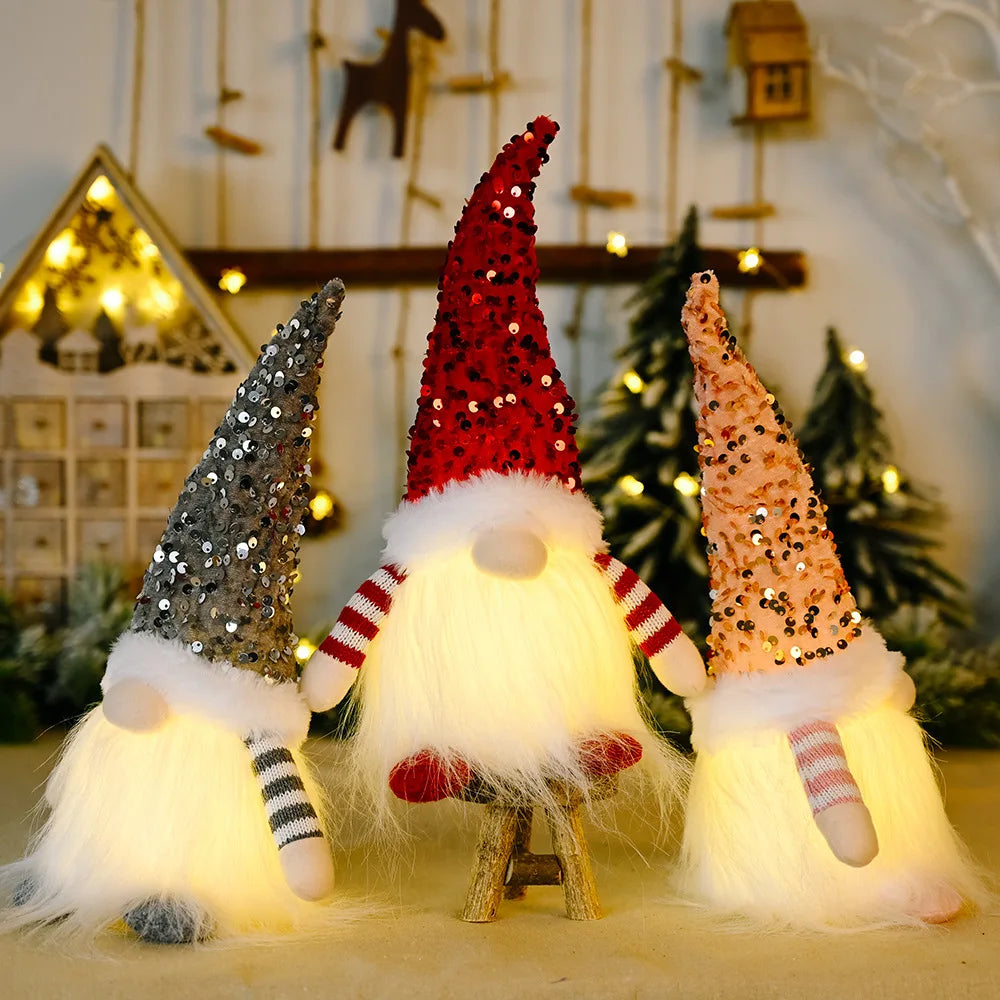 gnomos de natal com gorro de lantejoula e barba iluminada