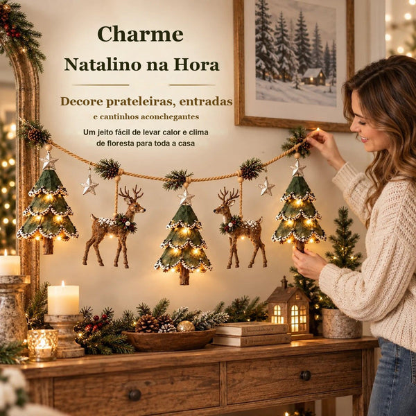 Guirlanda de Natal com Pinheiros e Renas Iluminados