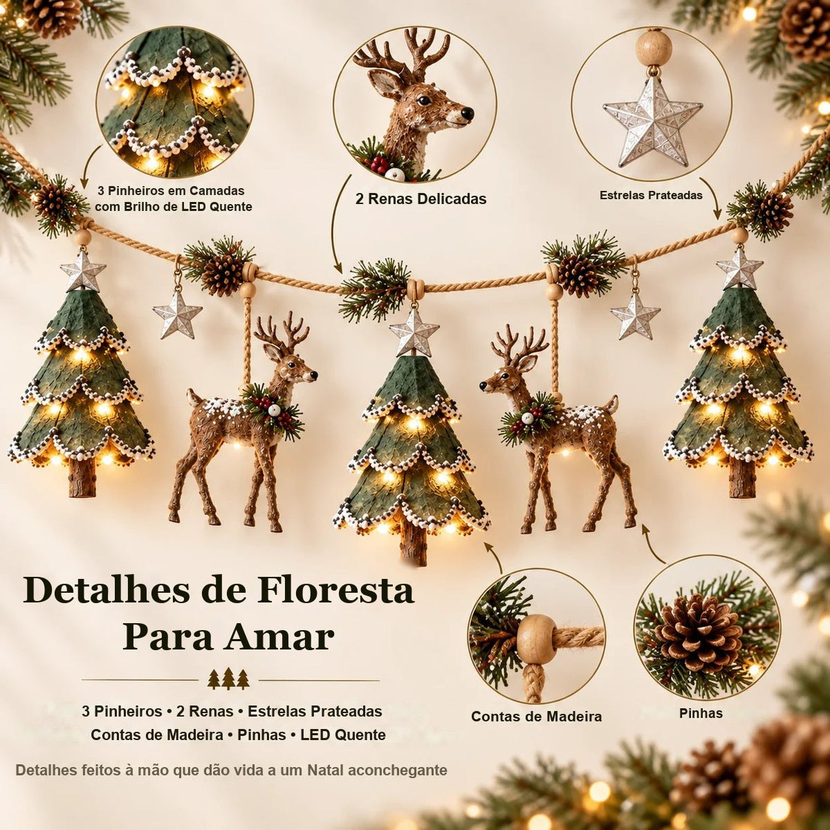 detalhes da guirlanda de natal com pinheiros em camadas, renas e estrelas prateadas
