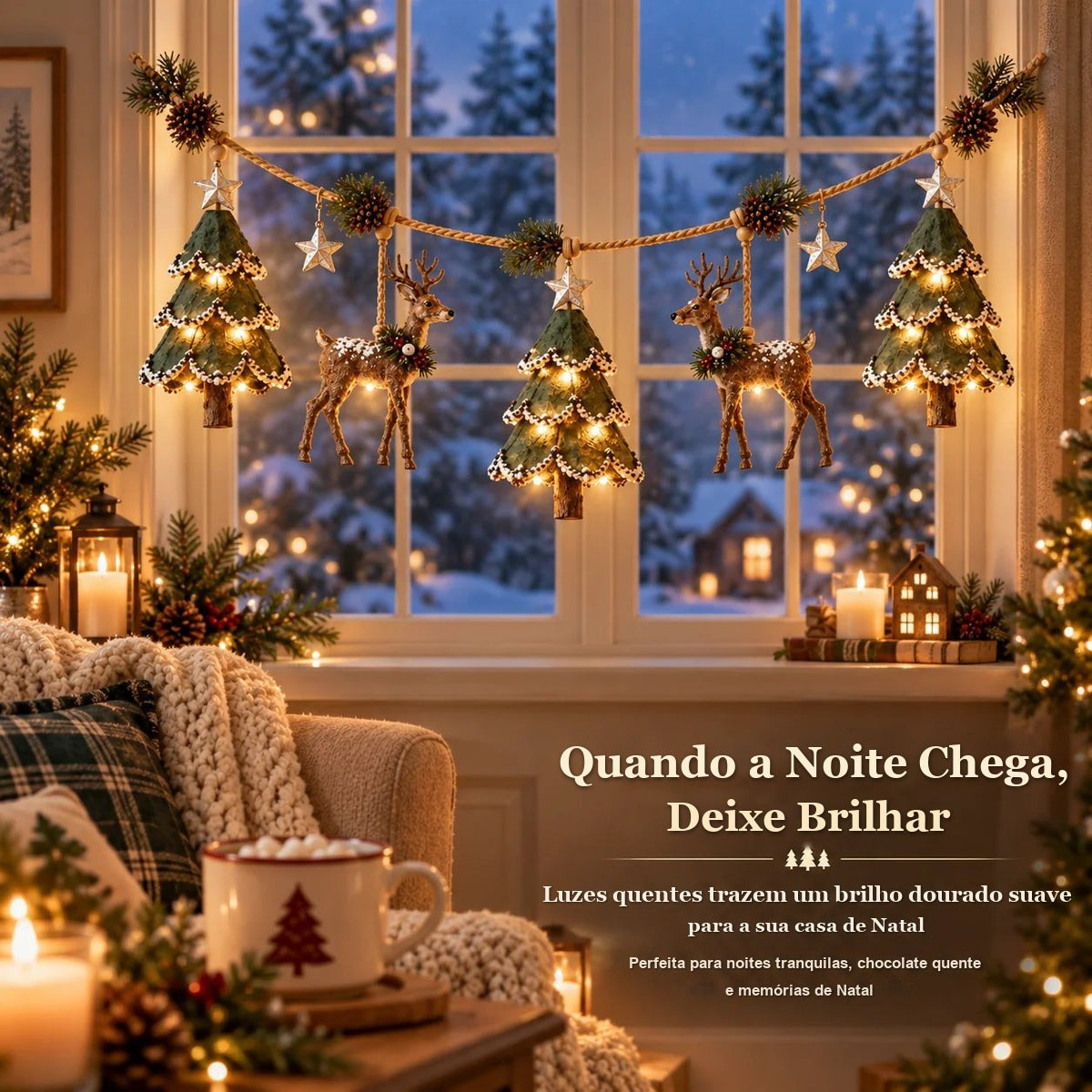 guirlanda de natal iluminada na janela à noite