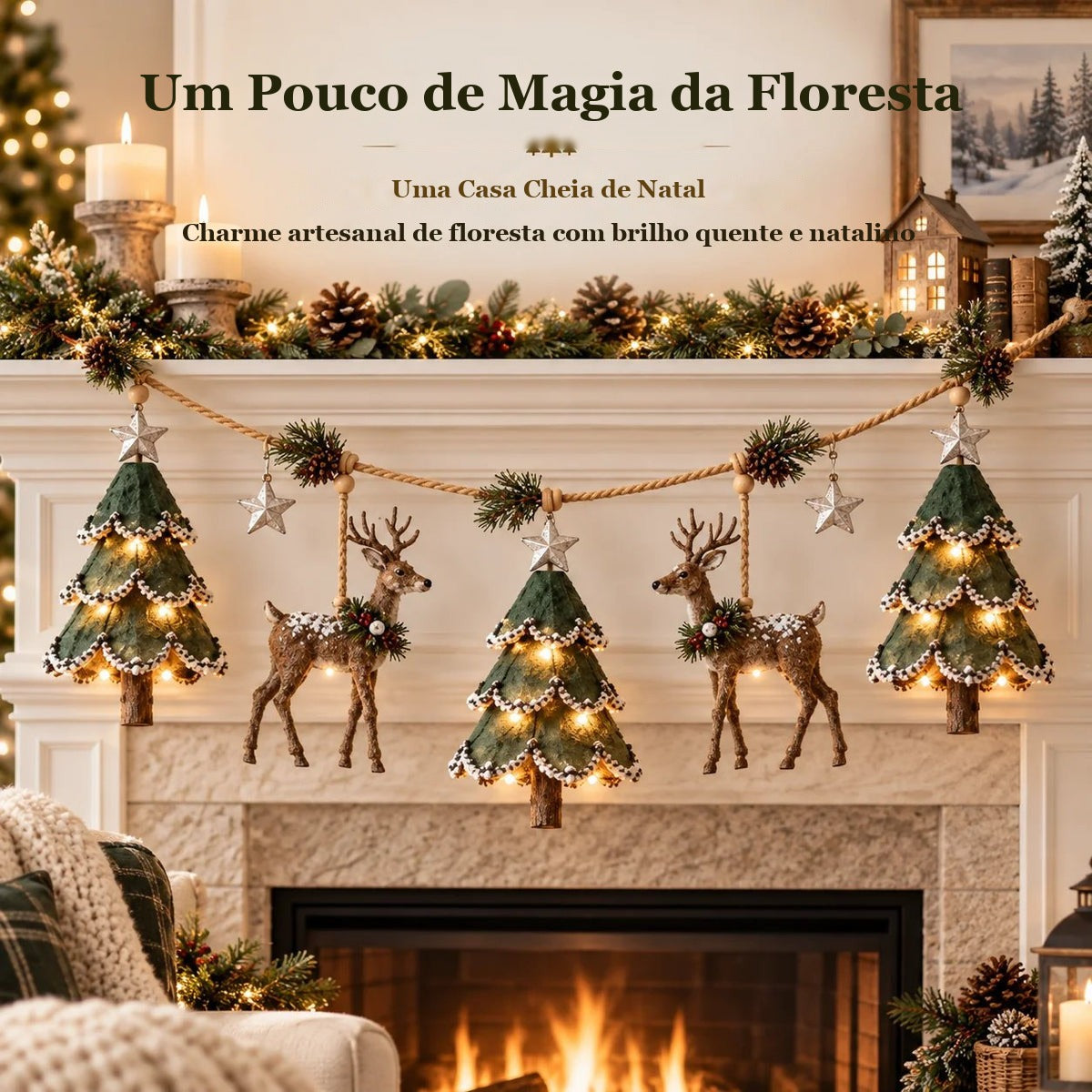 guirlanda de natal com pinheiros e renas