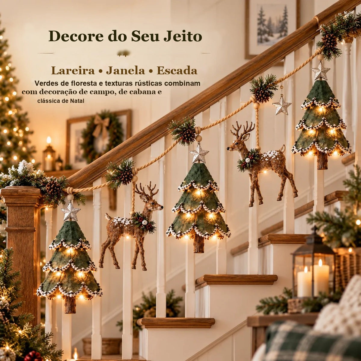 guirlanda de natal com luz para lareira, janela e escada