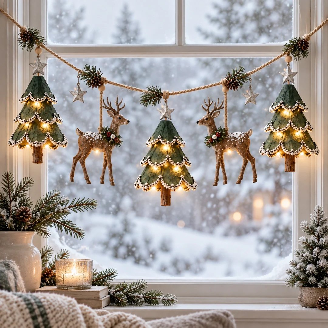 guirlanda de natal com renas na janela nevada