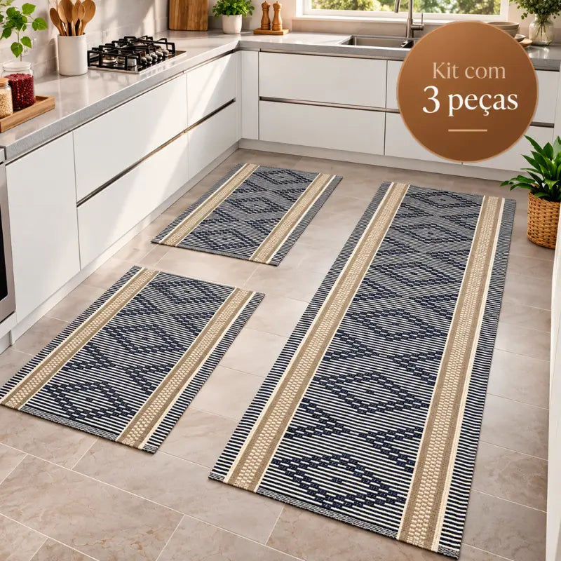 kit de tapetes para cozinha azul com 3 peças em algodão
