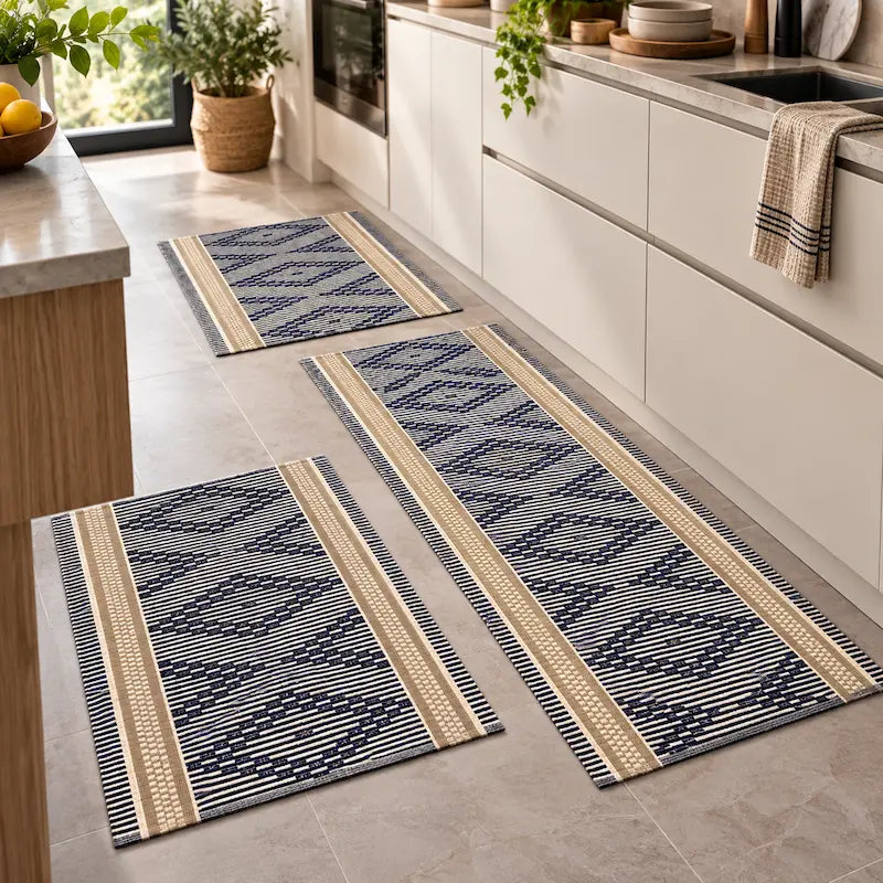 kit de tapetes para cozinha azul com 3 peças em algodão detalhe do acabamento