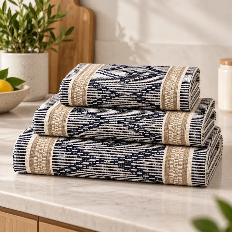 kit de tapetes para cozinha azul com 3 peças em algodão vista de perto