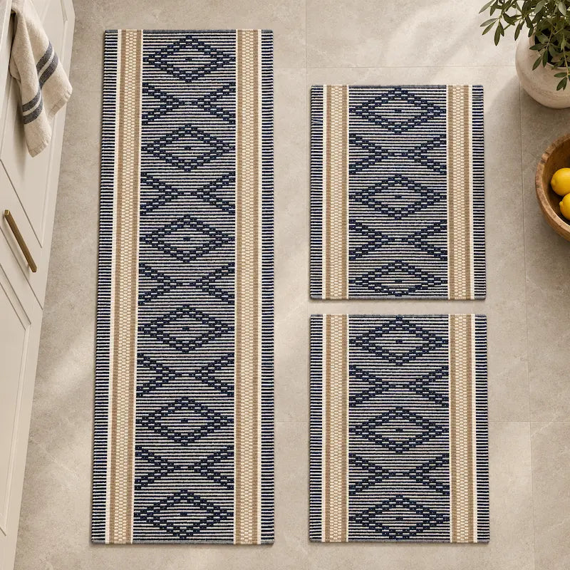 kit de tapetes para cozinha azul com 3 peças em algodão composição na decoração