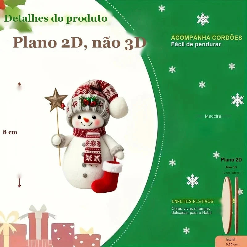 detalhes do enfeite de madeira boneco de neve com 8 cm e cordao
