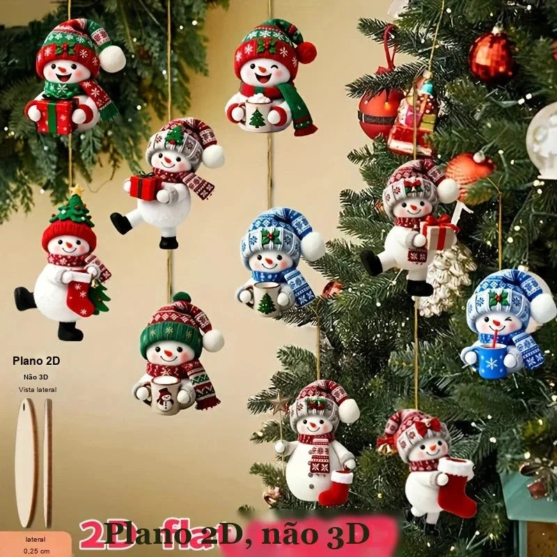 bonecos de neve de madeira com gorro de trico na arvore de natal