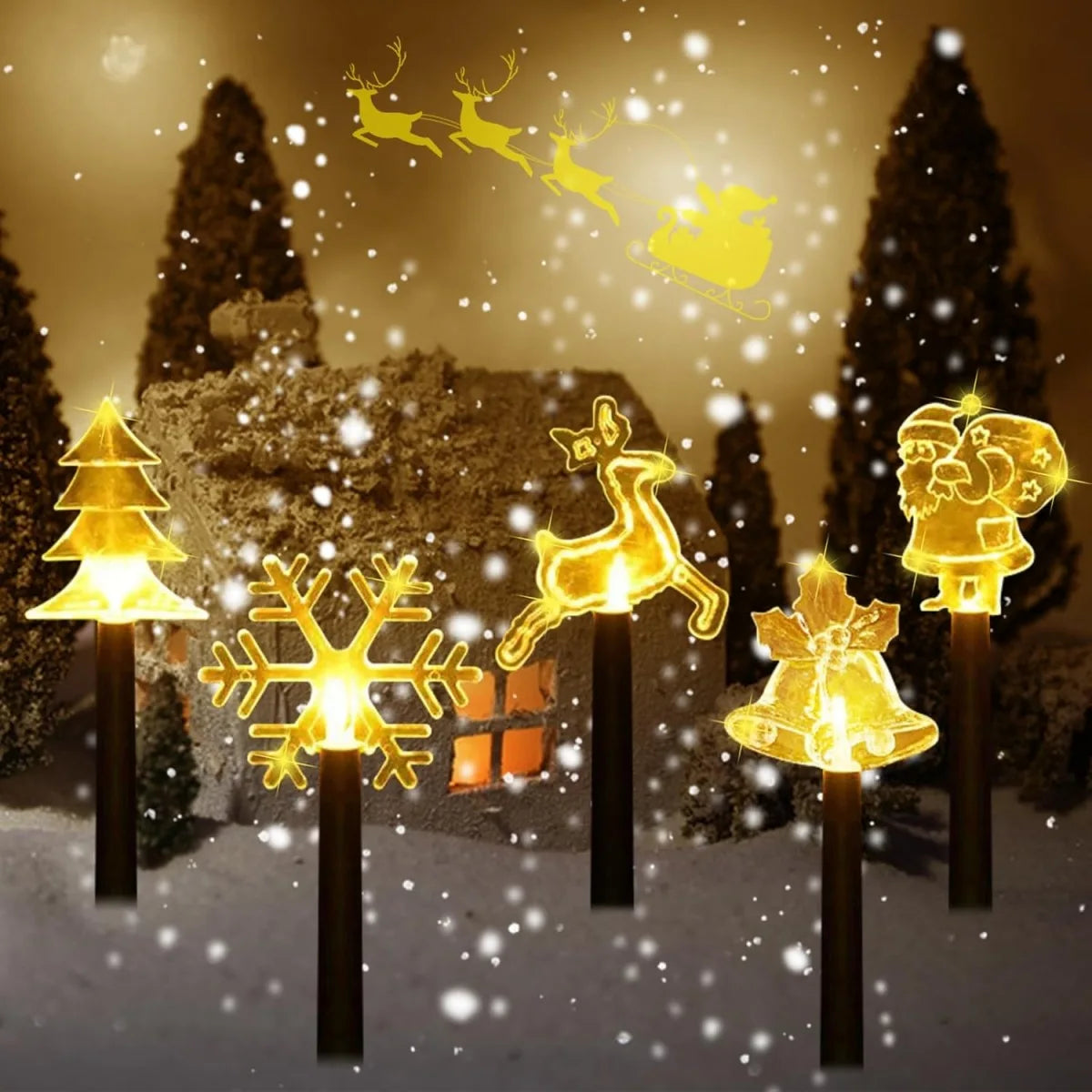 kit estacas solares de natal com árvore, floco de neve, rena, sino e papai noel no jardim